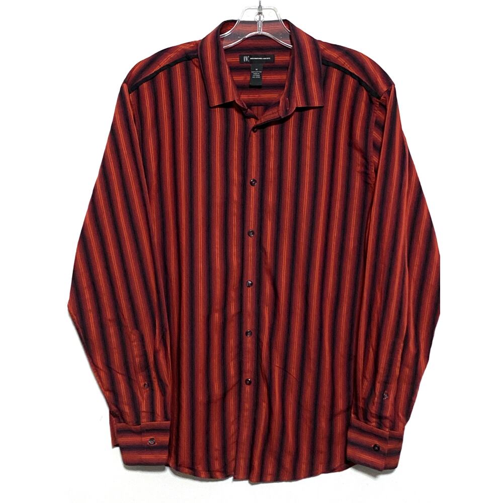 INC Red Orange Black Striped Button Shirt Mens L Maximalist Preppy Office Retro